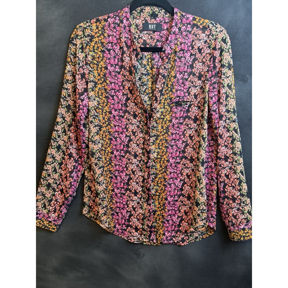 KUT From The Kloth Floral Button Down Blouse Top Size S Pink Orange Boho Career